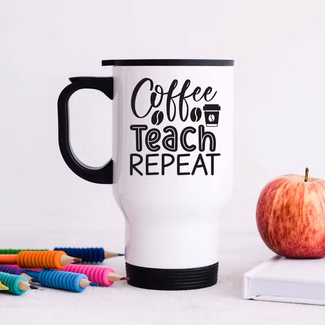 60 Second Makeover Coffee Teach Repeat Metal Travel Mug in White