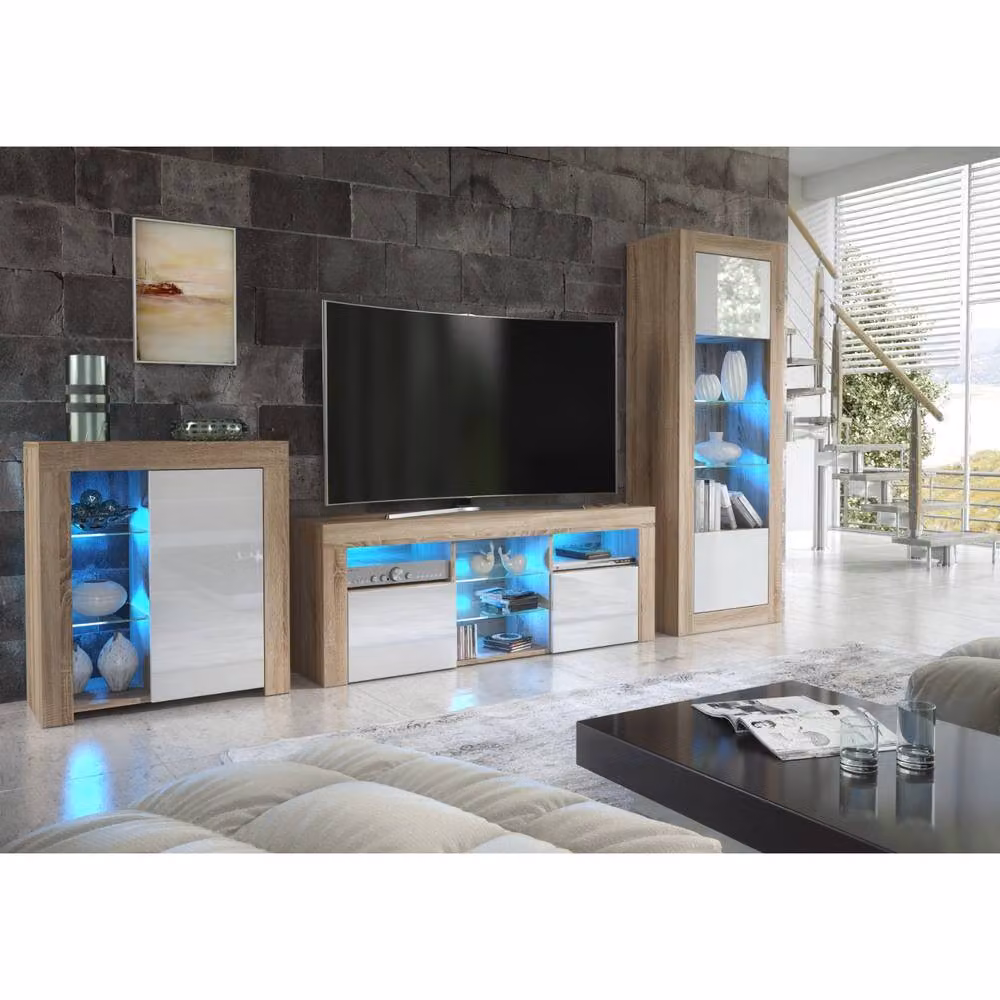 Mex Furniture LTD Pulse TV Unit in Oak and White Gloss with LED Lights, W: 145 cm, D: 35 cm, H: 53 cm – 3