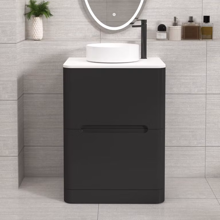 Royal Bathrooms Venice 600mm Matt Nocturne Black Floor Standing 2 Drawer Vanity Unit with Plain White Worktop and Art Basin