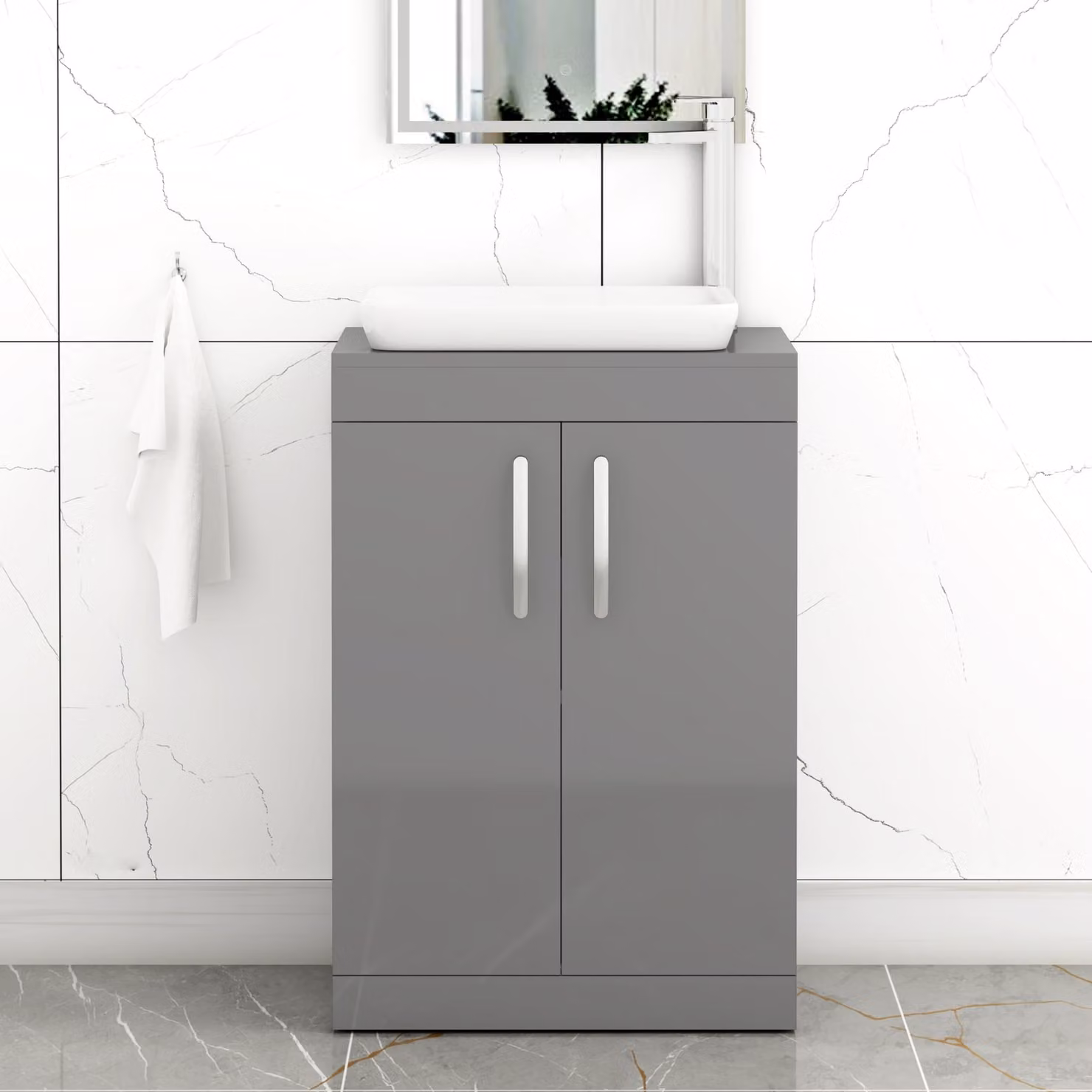 Qubix Turin 800mm Floor Standing 2 Door Bathroom Vanity Unit with Countertop Basin in Indigo Grey Gloss