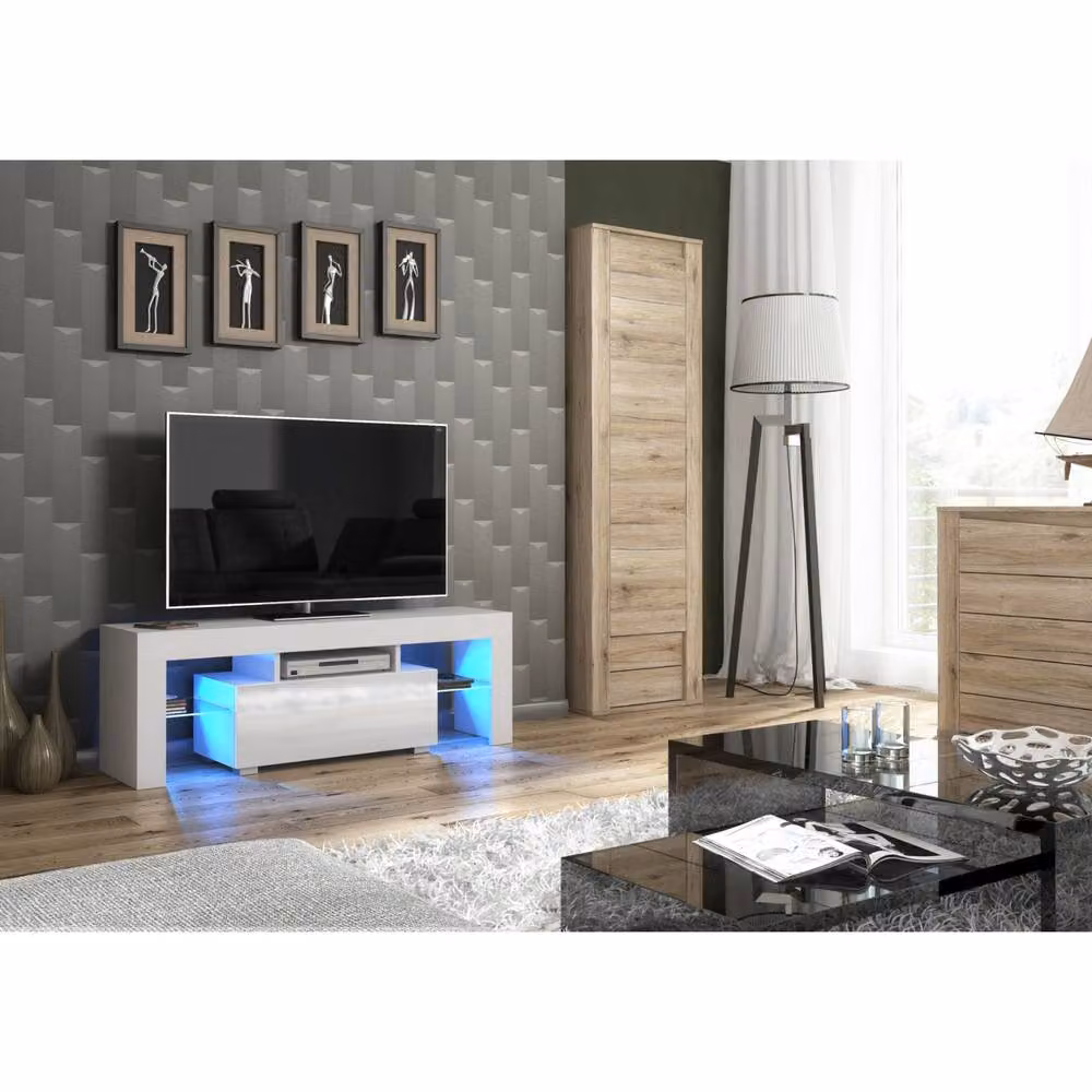 Mex Furniture LTD Floe TV Unit in White with Glossy Doors and LED Lights, W: 130 cm, D: 35 cm, H: 45 cm – 2