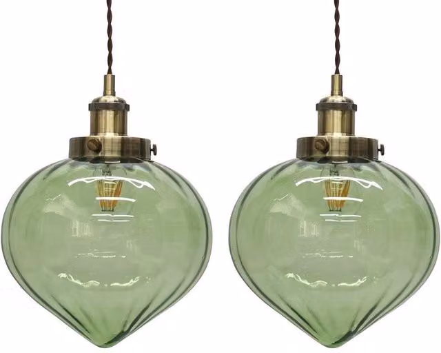 First Choice Lighting Layla Set of 2 Green Glass Easy Fit Pendant Shades with Brass Detail