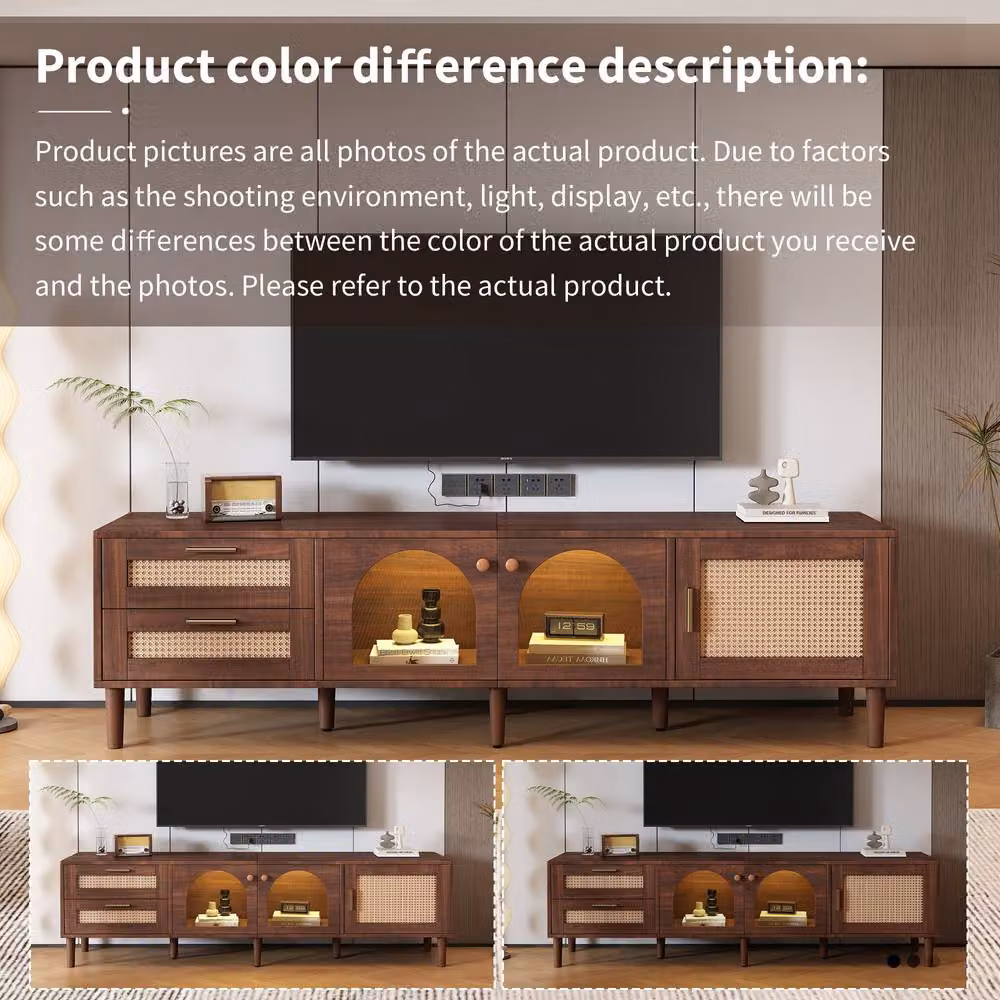 BTM Brown Rustic TV Cabinet with Rattan and LED Lights, W: 180 cm, D: 40 cm, H: 50 cm – 5