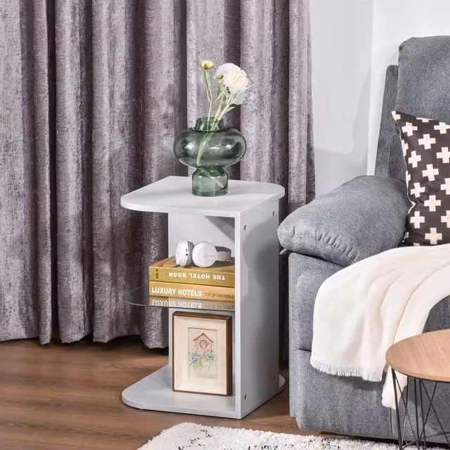 HOMCOM Modern Bedside Table with 2 Shelves in Grey