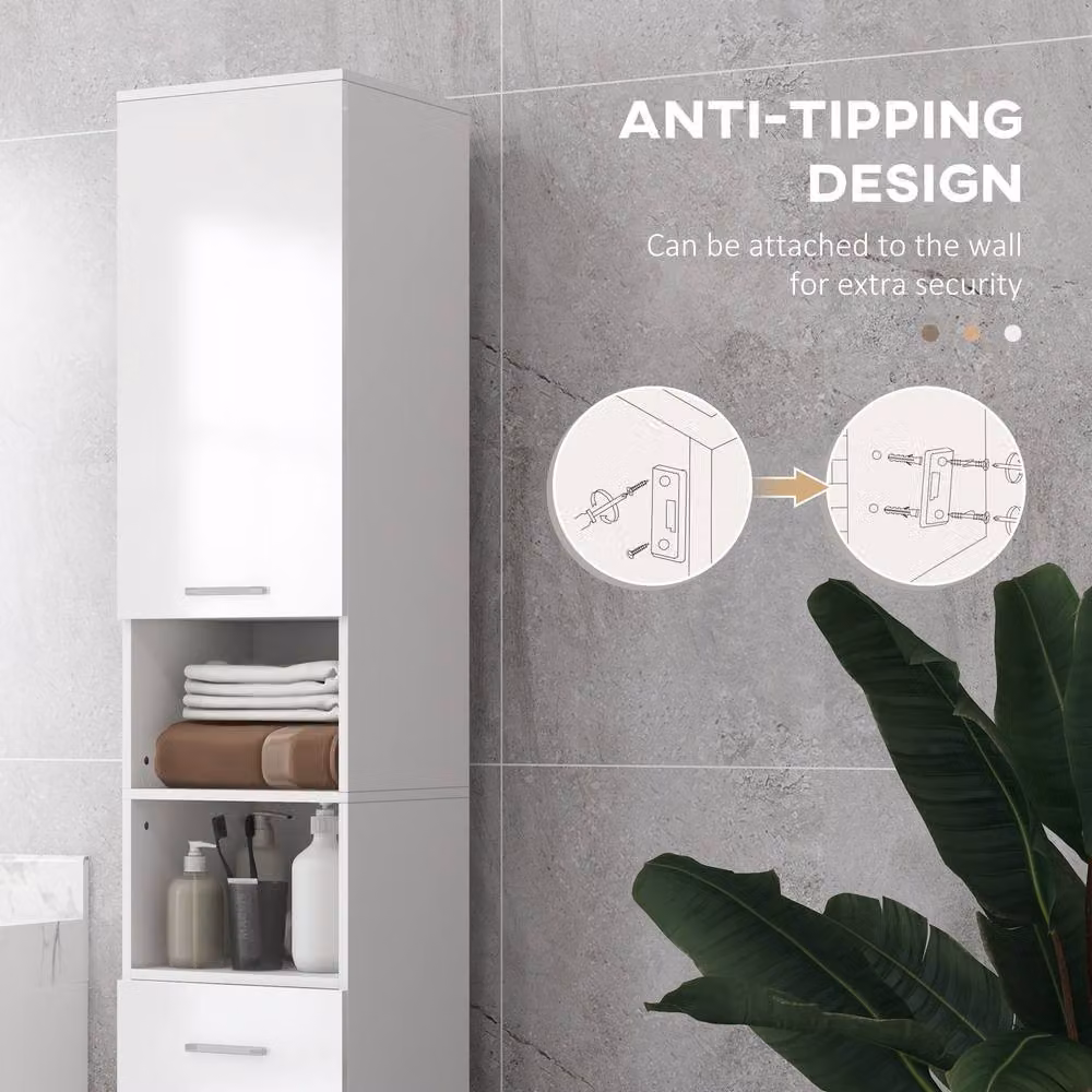 Kleankin Tall Narrow White Bathroom Storage Cabinet with Hinged Doors and Open Shelf, H: 180 cm, W: 30 cm – 4