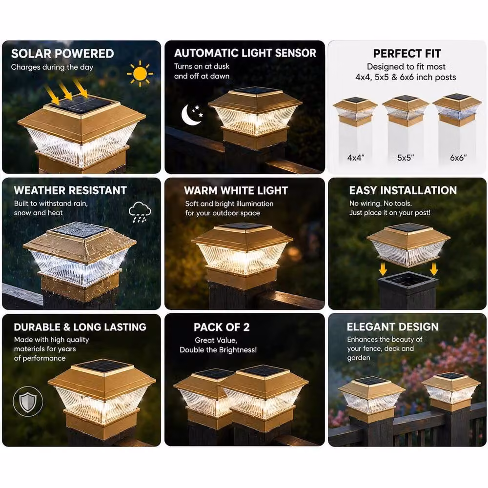 FLAVORA Set of 2 Solar Powered White LED Square Outdoor Post Cap Lights in Gold/Brass – 7