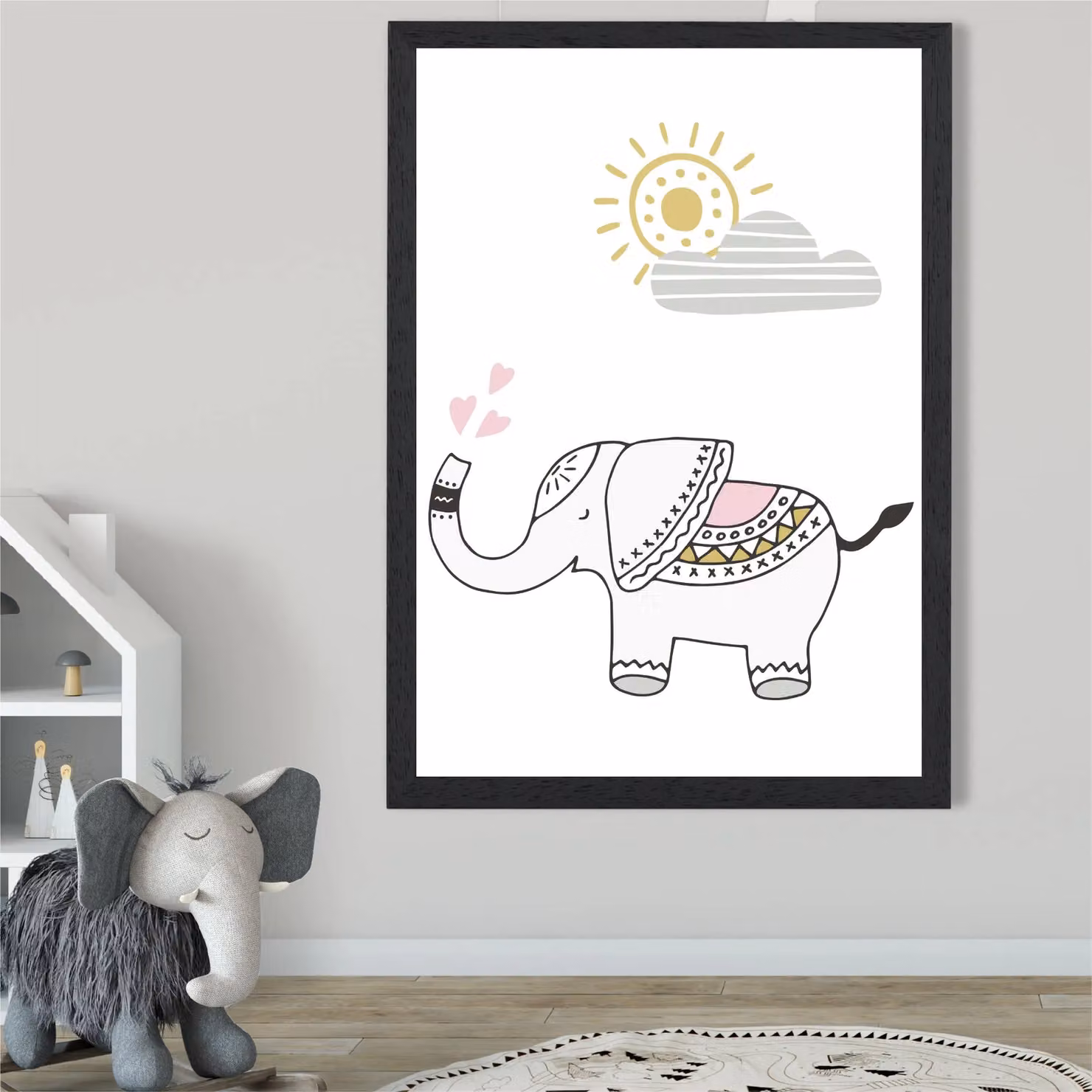 ARTZE Cute Elephant Scandi Animal Framed Paper Poster, Pink with Black Frame, A3 – 2