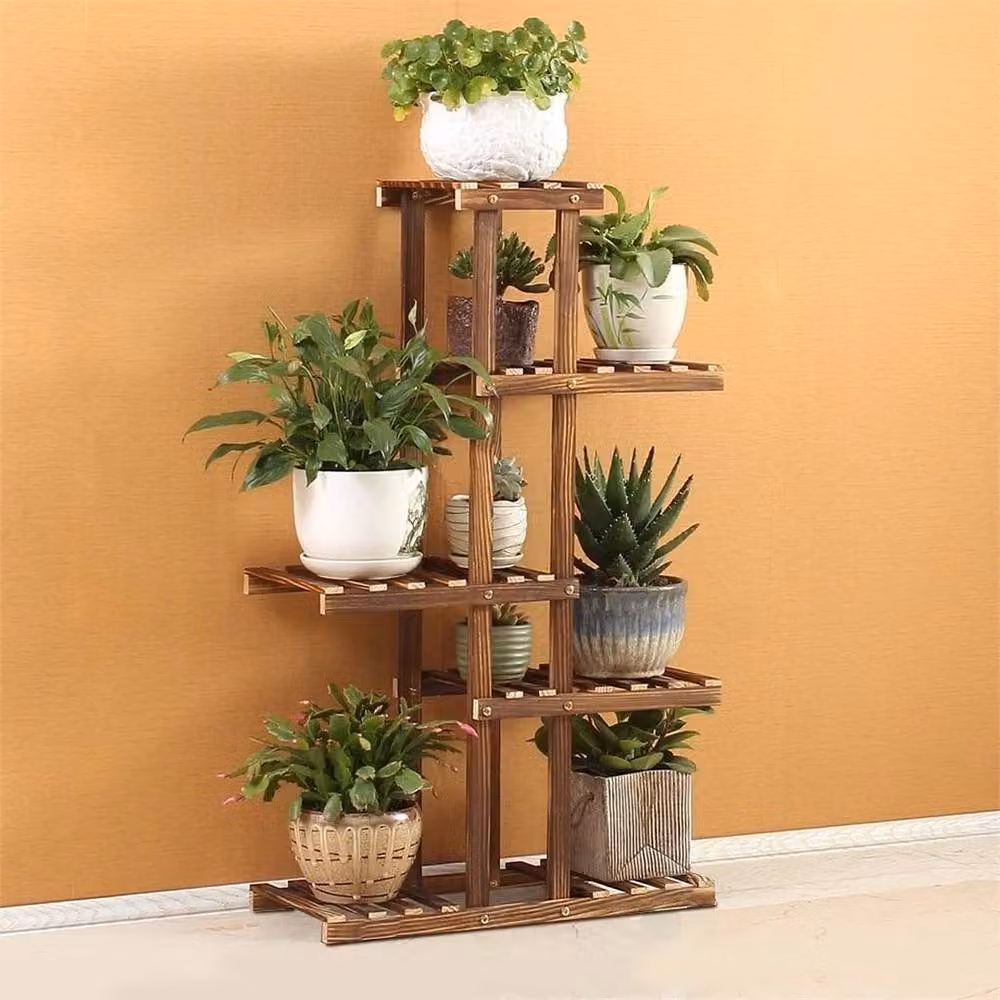 KORVIXA 5 Tier Rustic Brown Wooden Plant Shelf Rack and Flower Pot Holder – 4