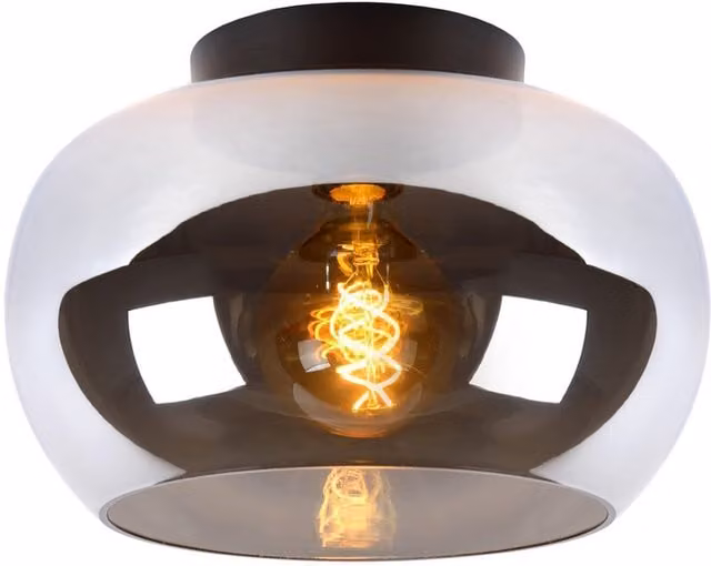 Lucide Judi Modern Round Flush Ceiling Light in Smoke Grey and Black with Glass