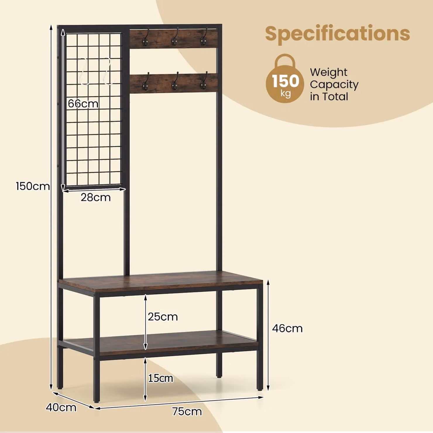 Gymax Industrial Hall Tree with Shoe Bench and Wall Grid Panel in Brown – 2