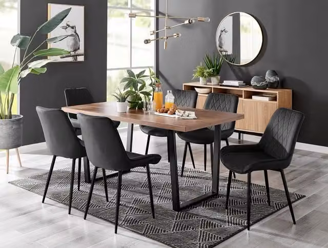 FurnitureboxUK Kylo Brown Wood Effect Dining Table and 6 Pesaro Black Velvet Chairs – 1