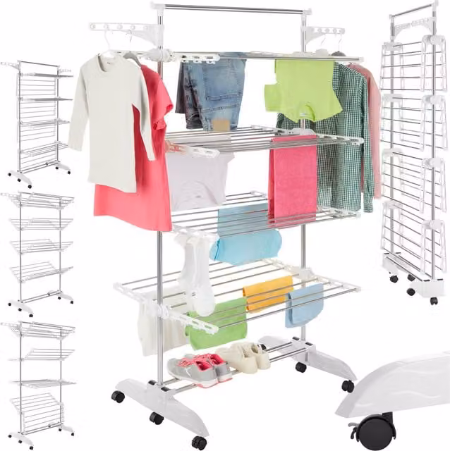 Odelia Metal Drying Rack with Wheels in White and Silver