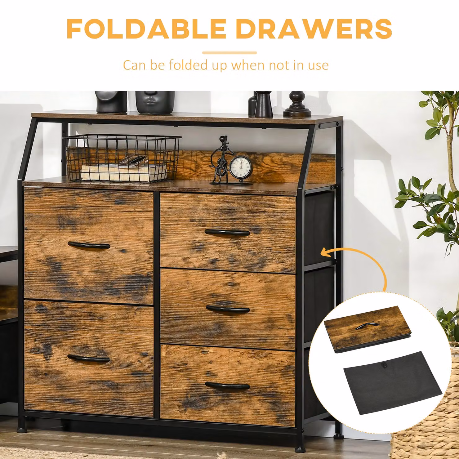 HOMCOM Industrial 5-Drawer Chest of Drawers with Open Shelf in Rustic Brown and Black – 5