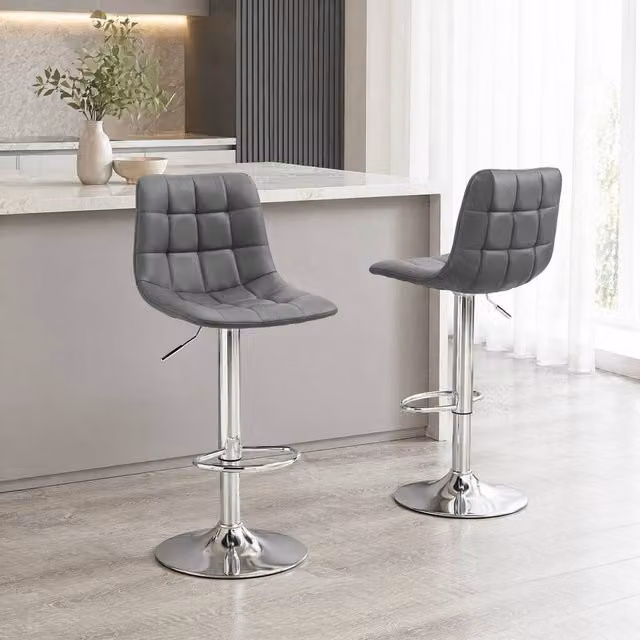 STILVORA Set of 2 Adjustable Height Swivel Bar Stools in Grey Synthetic Leather with Metal Base – 1