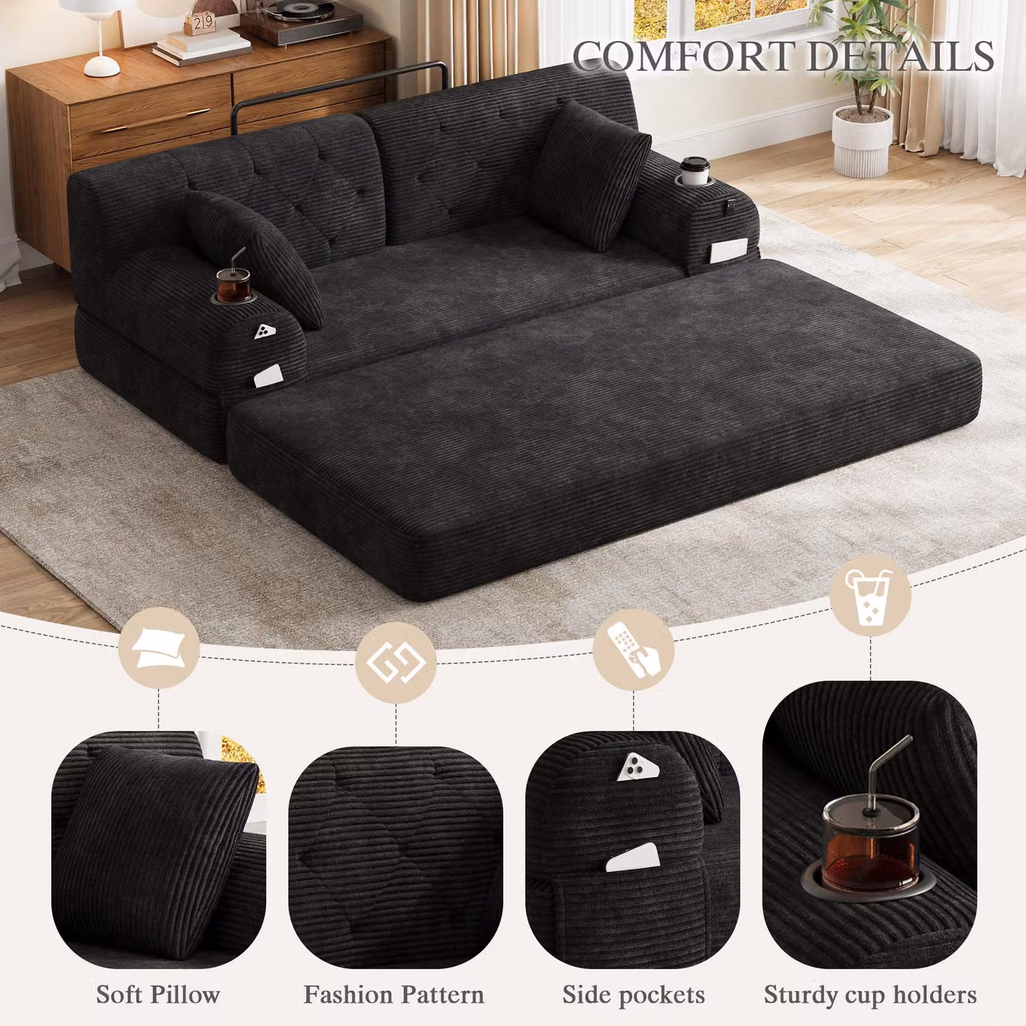 Aosom UK Black Corduroy Convertible Sleeper Sofa with High-Density Foam and Cup Holder, W/D/H: 168 x 80 x 81 cm – 5