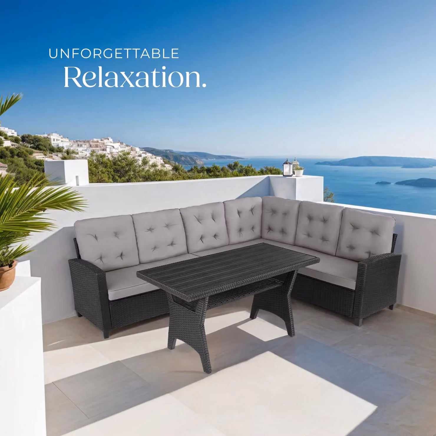 tectake Catania L-Shape Garden Furniture Set in Black and Grey Polyrattan with Upholstered Cushions – 7