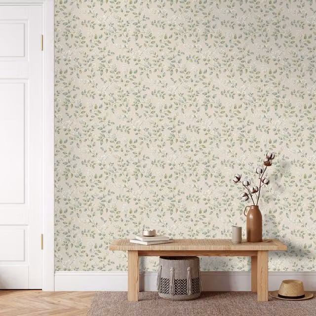 Grandeco Forget Me Not Leaf Trail Botanical Floral Smooth Paper Wallpaper in Green and White