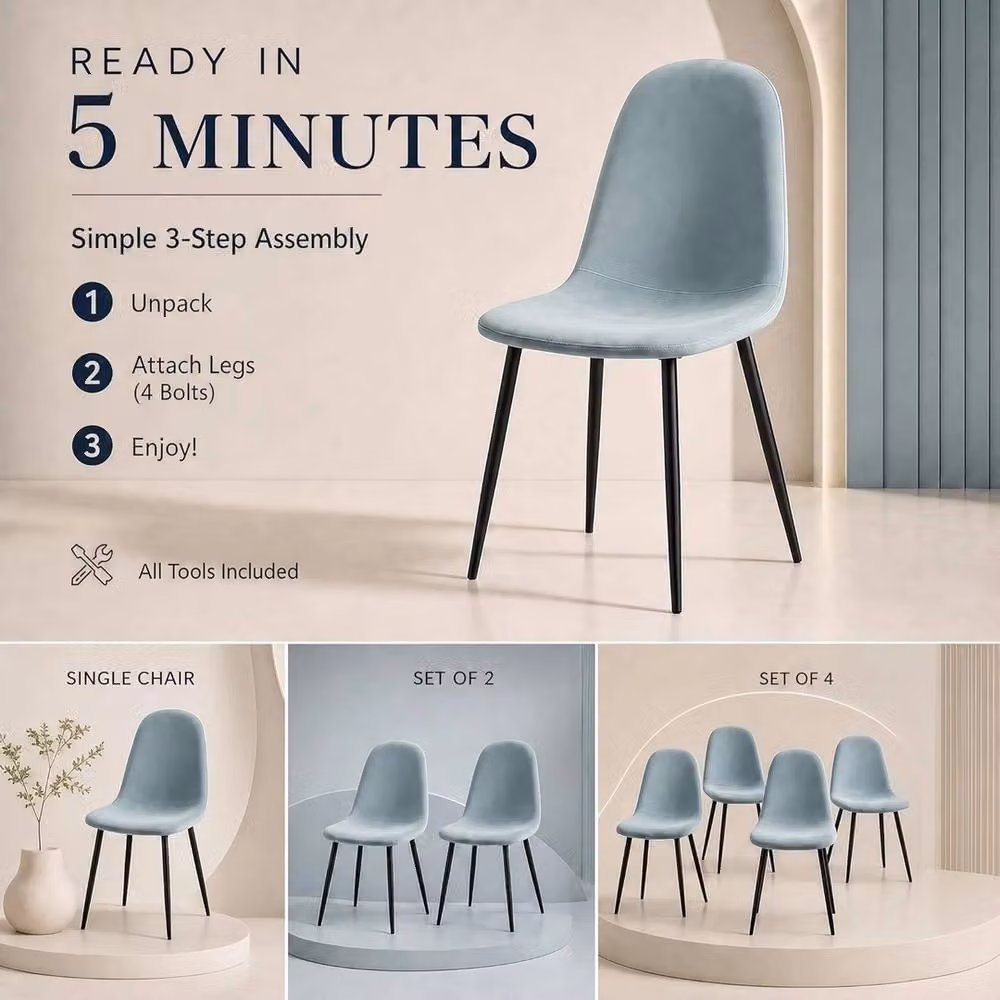 VOGREX Set of 2 Blue Velvet Low Back Upholstered Dining Chairs with Metal Legs – 3