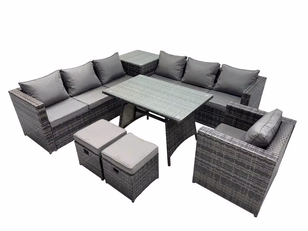 Fimous 7 Seater Anthracite Grey Rattan L-Shape Corner Sofa Set with Armchairs, Ottoman and Coffee Table – 2