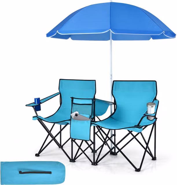 COSTWAY Folding Picnic Chairs with Sun Canopy, Armrests and Cup Holders in Turquoise