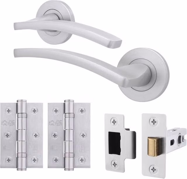 AFIT Satin Chrome Door Handle Latch Set with Hinges in Silver, Aluminium