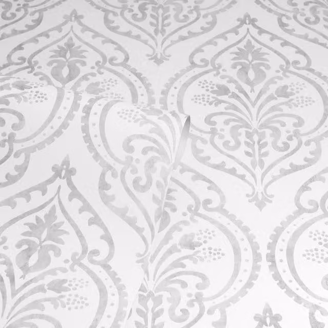 Arthouse Moroccan Damask Floral Abstract Textured Heavy Vinyl Wallpaper in White, Silver and Grey
