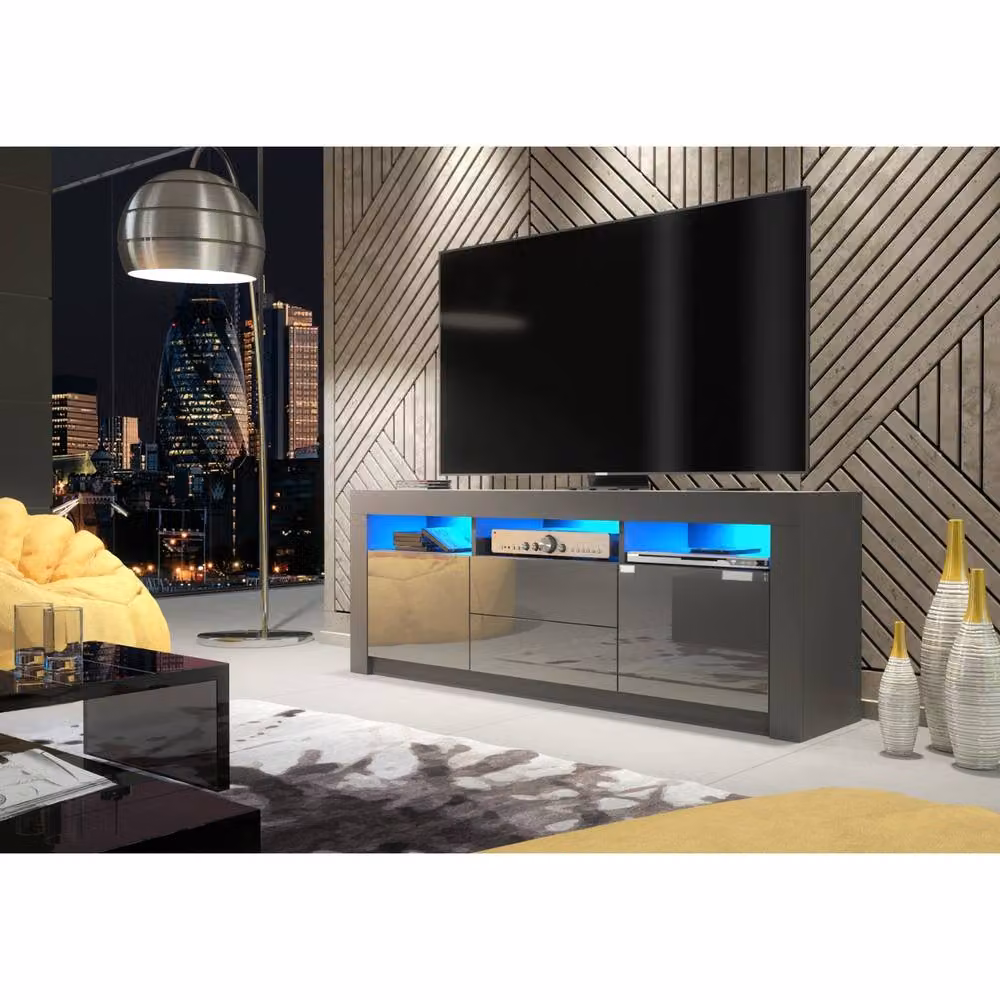 Mex Furniture LTD Shine TV Unit in Dark Grey with Glossy Doors and LED Lights, W: 160 cm, H: 60 cm, D: 35 cm – 2
