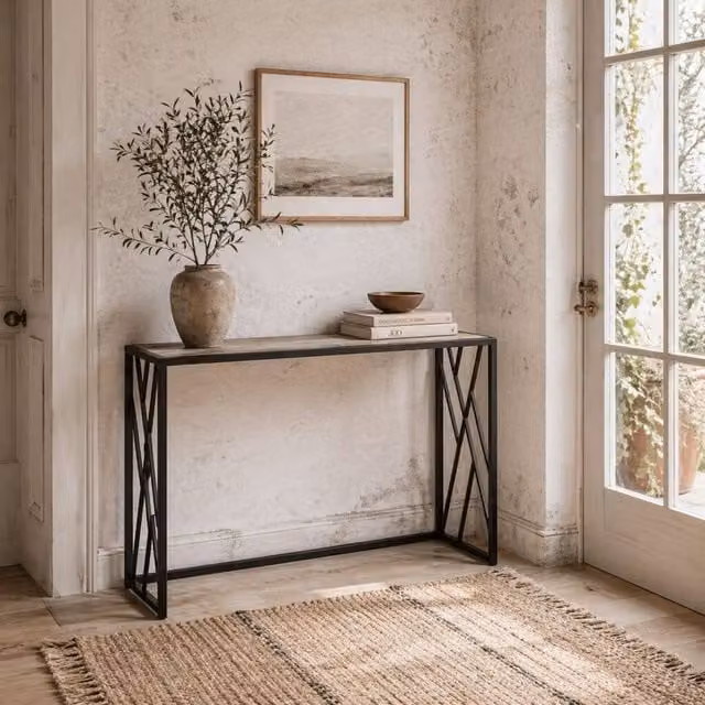 Wyld Haus Toli Industrial Console Table with Grey Composite Top and Black Metal Frame, W: 120 cm, D: 35 cm, H: 75 cm