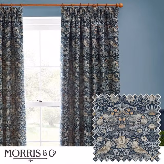 Morris & Co. Strawberry Thief Jacquard Floral Ready Made Pencil Pleat Curtains in Blue