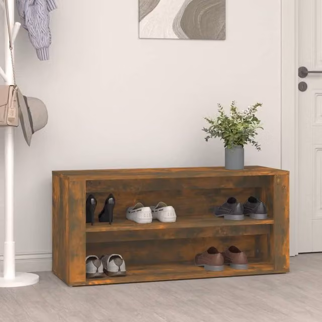 Berkfield Home Smoked Oak Shoe Rack in Brown, W/D/H: 100 x 35 x 45 cm