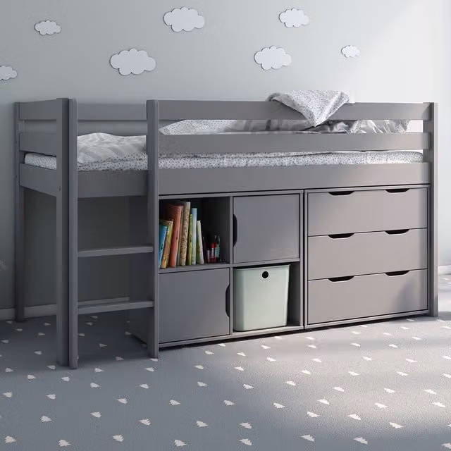 Noomi Nora Midi Storage Cabin in Grey, Solid Pine Wood with Drawers and Stairs