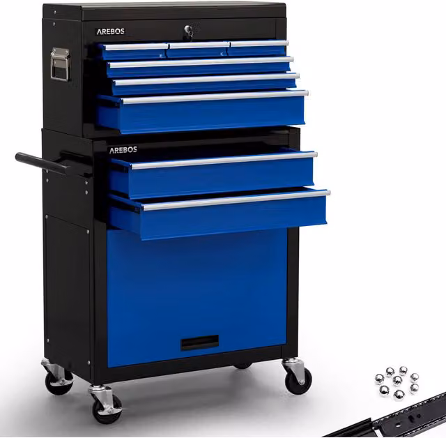 AREBOS Lockable Steel Tool Cabinet Cart Workshop Trolley with 9 Drawers, Black and Blue