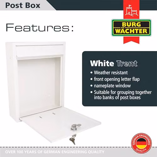 Burg-Wächter MB19 Trent Wall Mounted Galvanised Steel Lockable Weatherproof Post Box, White, W: 26 cm, H: 34 cm, D: 9 cm – 2