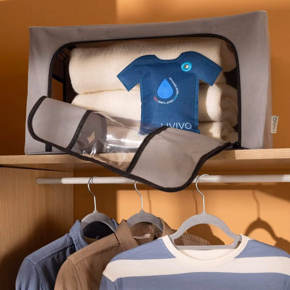 LIVIVO T-Shirt Shaped Reusable Hanging Dehumidifier Bags, 200g, Set of 2, Blue – 7