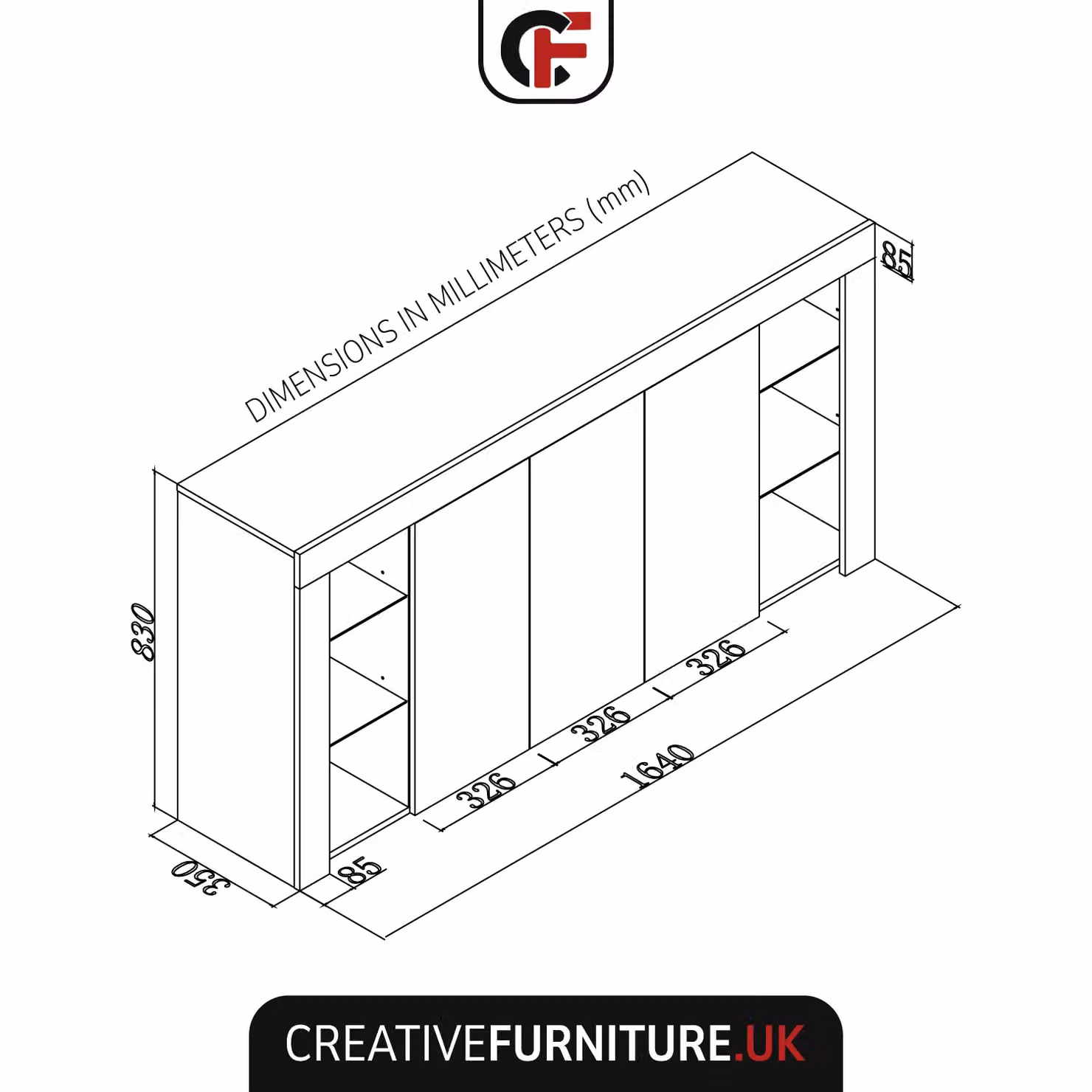 Creative Furniture Eden Sideboard with Glossy Doors and Integrated LED Lighting, Dark Grey, W: 164 cm, H: 83 cm, D: 35 cm – 2