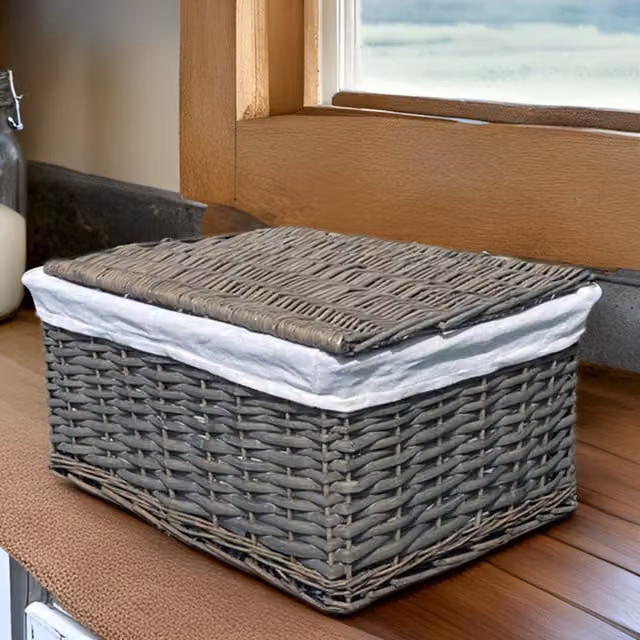 Topfurnishing Grey Lidded Wicker Storage Basket with Fabric Lining, Diameter: 30 cm