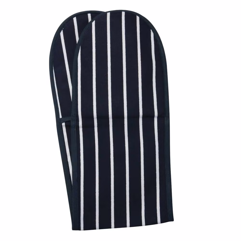 Rushbrookes Butchers Stripe Double Oven Gloves in Navy Blue Cotton – 2