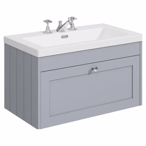 Balterley Wall Hung Grey Vanity Unit with Single Soft Close Drawer and Rectangular 3 Tap Hole Basin, W/D/H: 80 x 45.3 x 43.1 cm – 1
