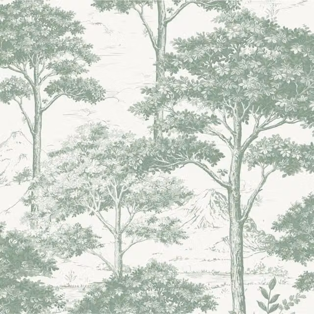 Grandeco Etched Tree Toile Textured Wallpaper in Sage Green