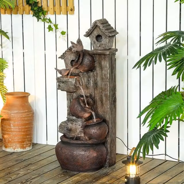 Outsunny 2-in-1 Waterfall Cascade Fountain with Birdhouse in Brown and Multicolour