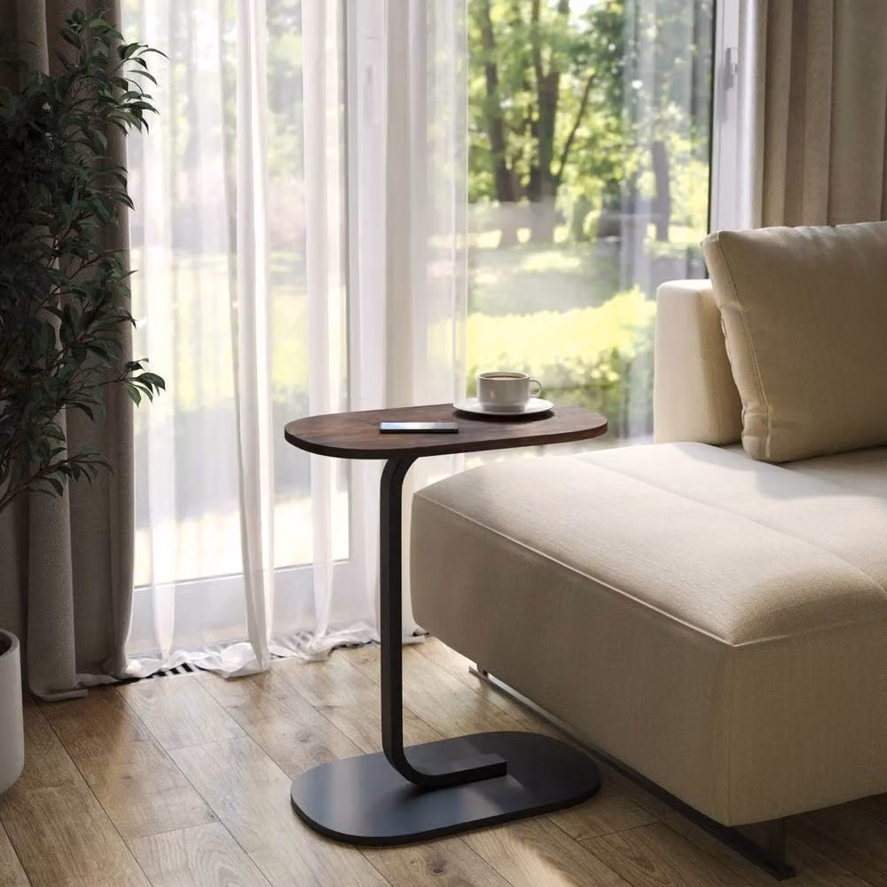 Havendro Rustic Brown C Shaped Side Table with Oval Wood and Metal Design – 4