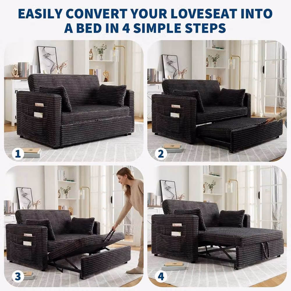 London Boutique 2-Seater Corduroy Pull-Out Sofa Bed with USB Ports and Scatter Cushions, Grey, W/D/H: 140 x 190 x 90 cm – 4