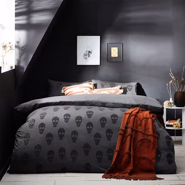 Make it a Home Reversible Skulls Graphic Cotton Duvet Cover Set, Anthracite, 180 x 200 cm
