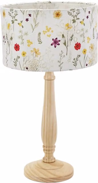 ValueLights Victoria Light Wood Candlestick Table Lamp with Yellow and Multicolour Floral Embroidered Drum Shade