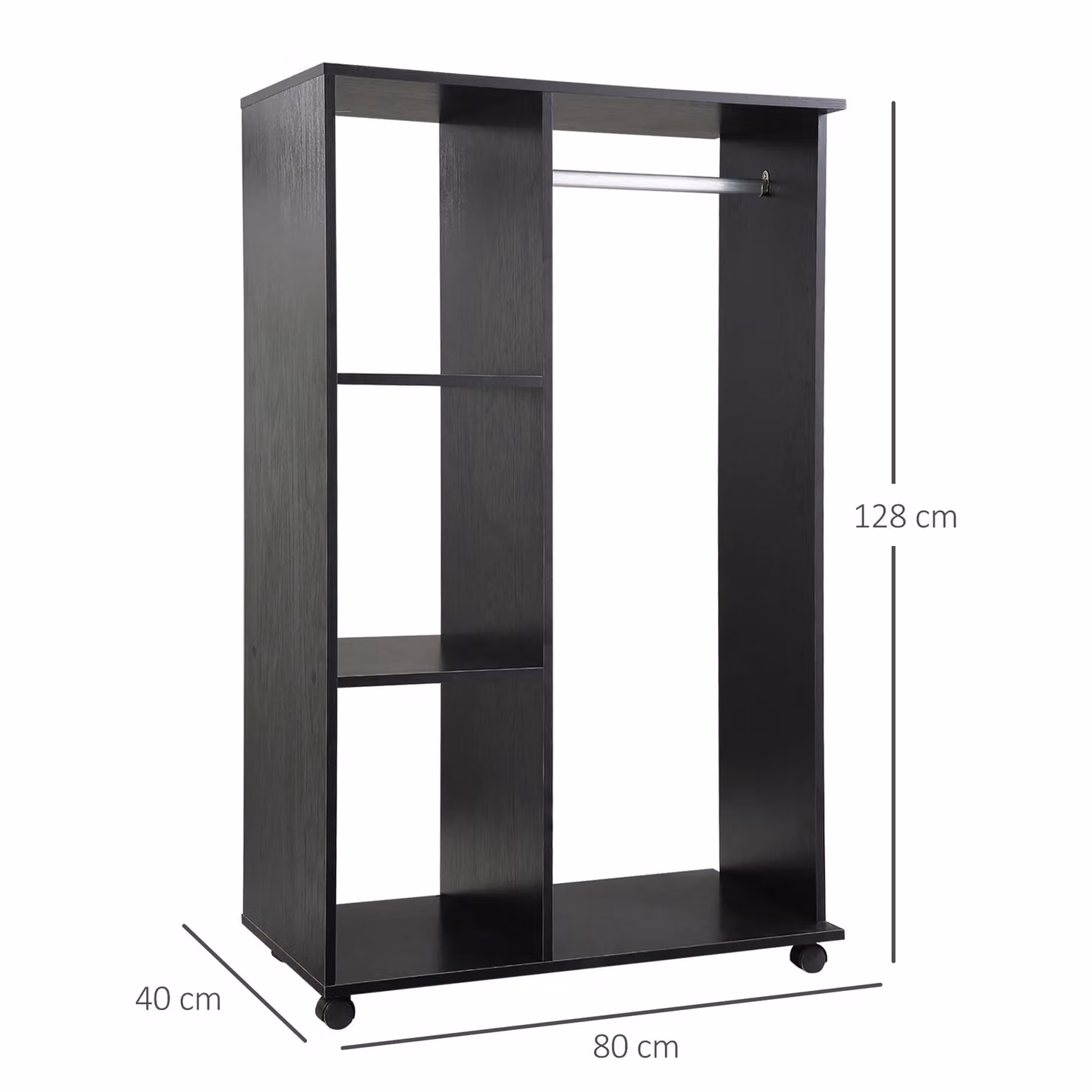HOMCOM Rolling Open Wardrobe with Hanging Rail and Storage Shelves in Black – 3
