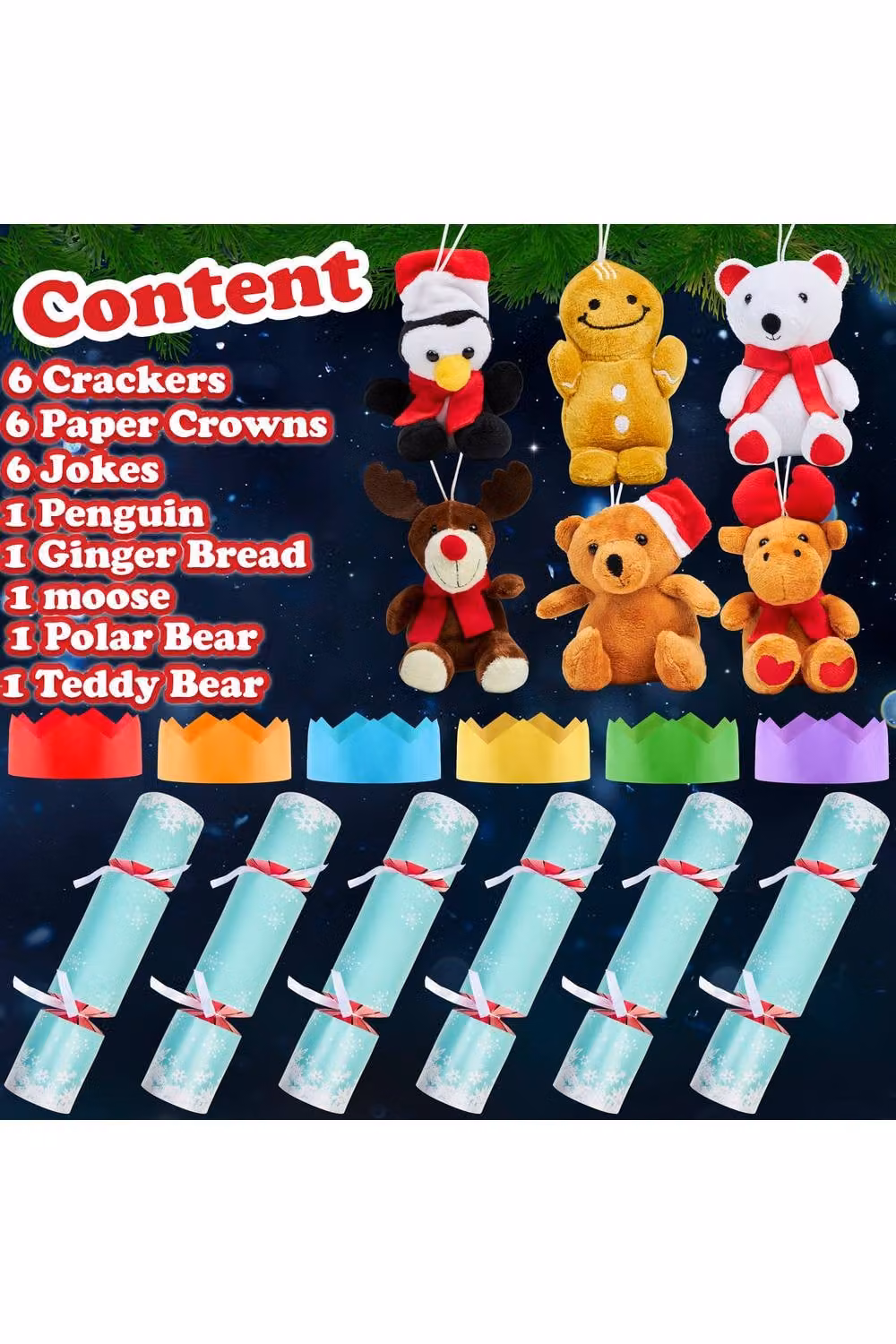 KreativeKraft Luxury Christmas Crackers, Set of 6 Plush Animal Hanging Tree Ornaments in Green and Multicolour – 4