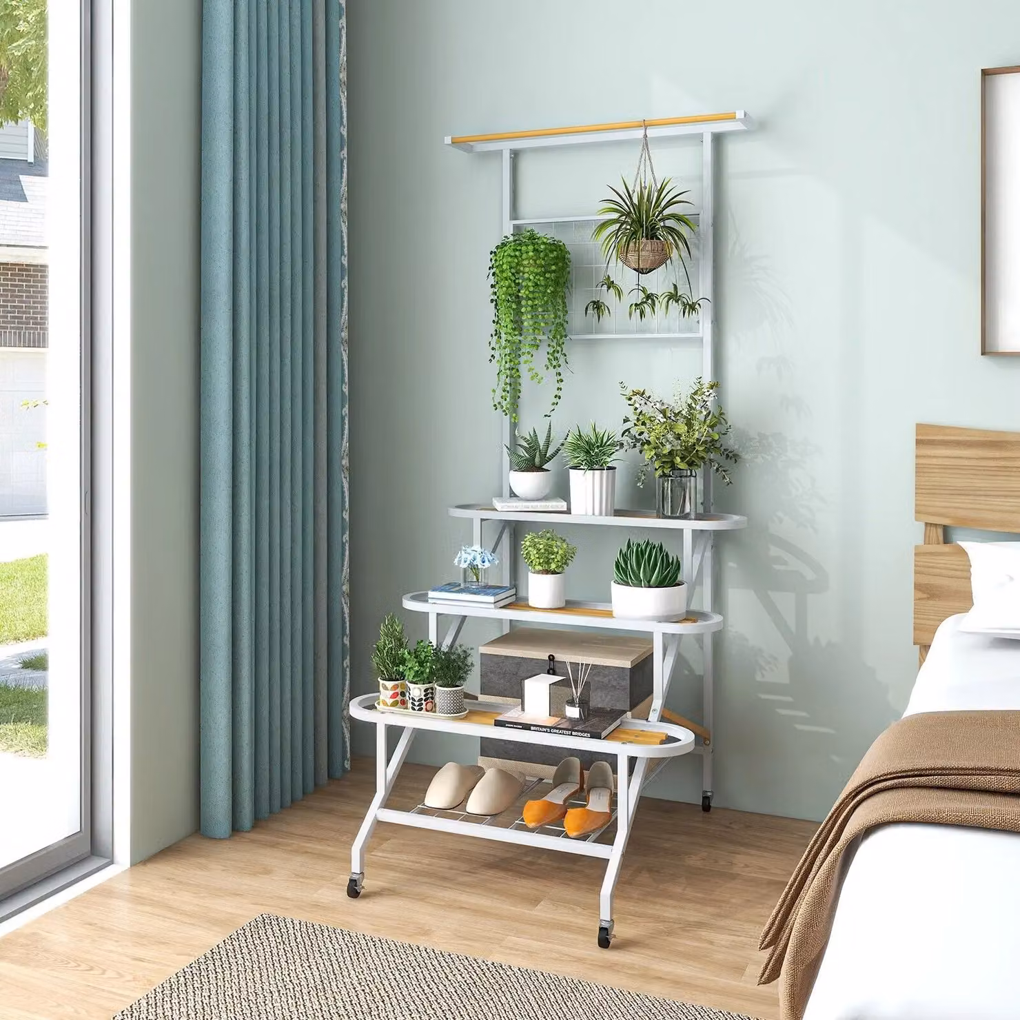 Costway 4-Tier Hanging Plant Stand Ladder Shelf with Hanging Bar and Trellis in White – 2