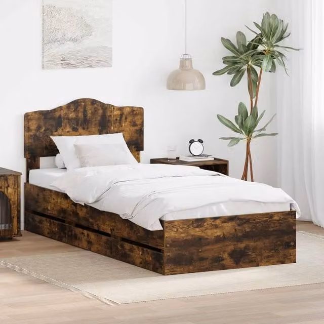 Berkfield Home Modern Bed Frame with Drawer in Smoked Oak Brown, W/D/H: 190 x 75 x 75 cm – 1