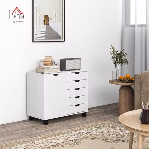 HOMCOM White Lateral Office Storage Cabinet with 5 Drawers and Door on Castors, W: 78.0 cm, D: 40.0 cm, H: 66.5 cm – 2