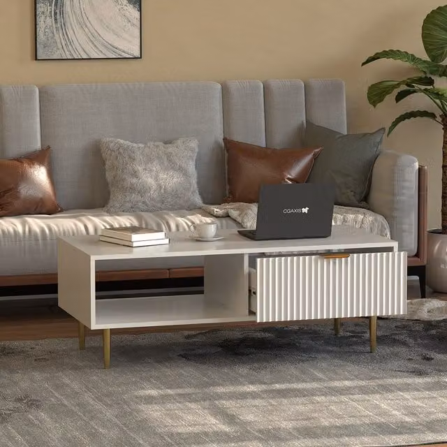 Hygrad Modern White and Gold Wooden Coffee Table with Storage Drawer for your Living Room